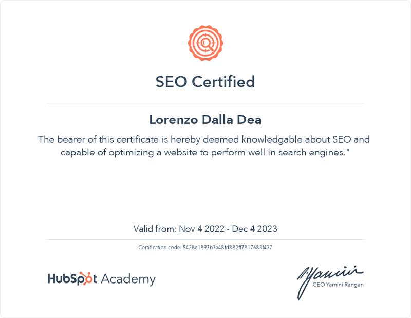 certificazione seo hubspot lorenzo dalla dea
