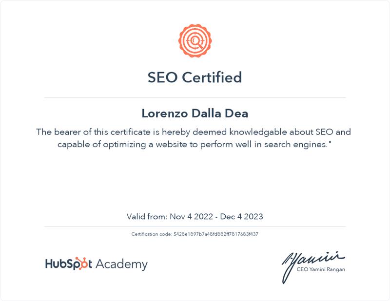 certificazione seo hubspot lorenzo dalla dea