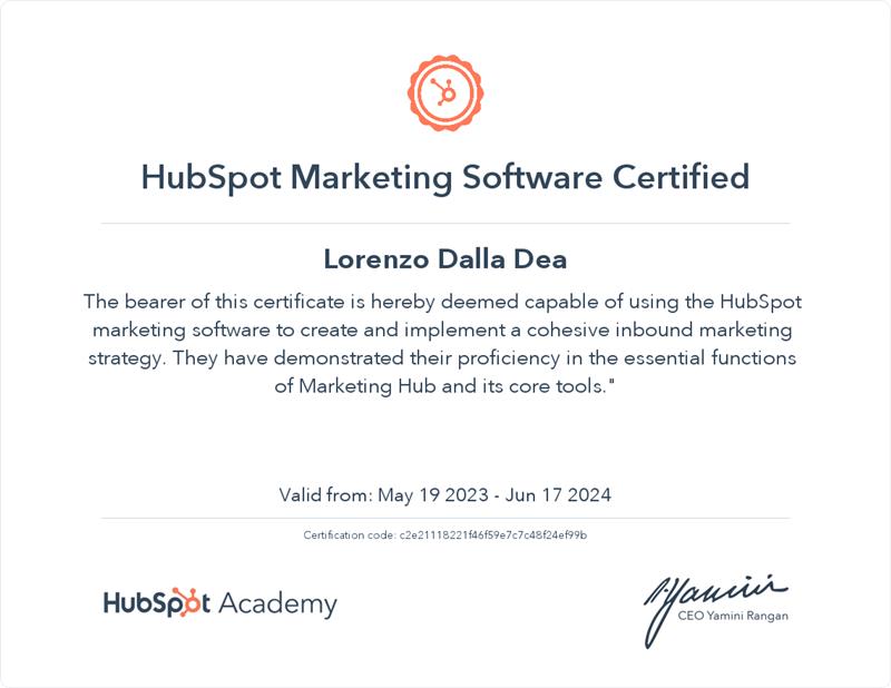 certificazione hubspot marketing software lorenzo dalla dea