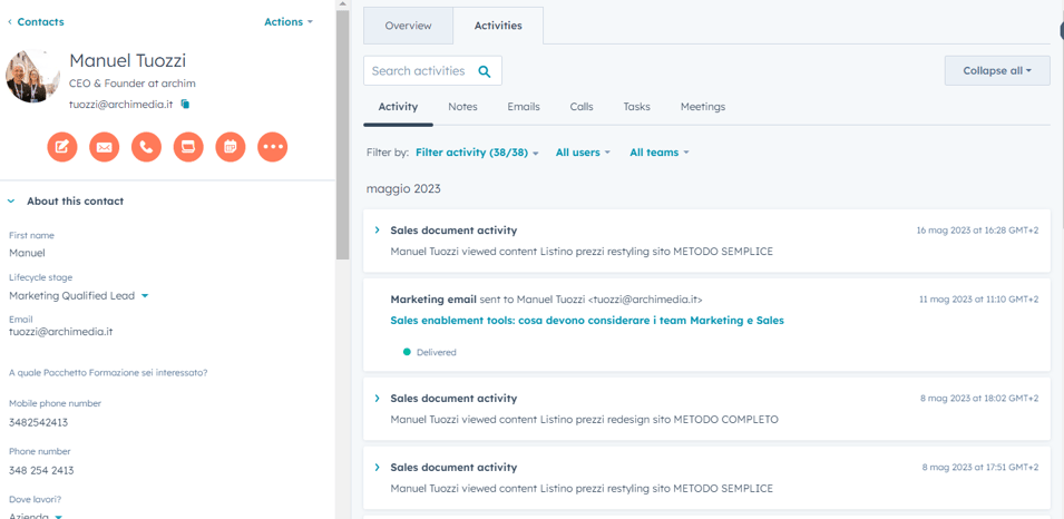 CRM HubSpot - esempio di scheda contatto