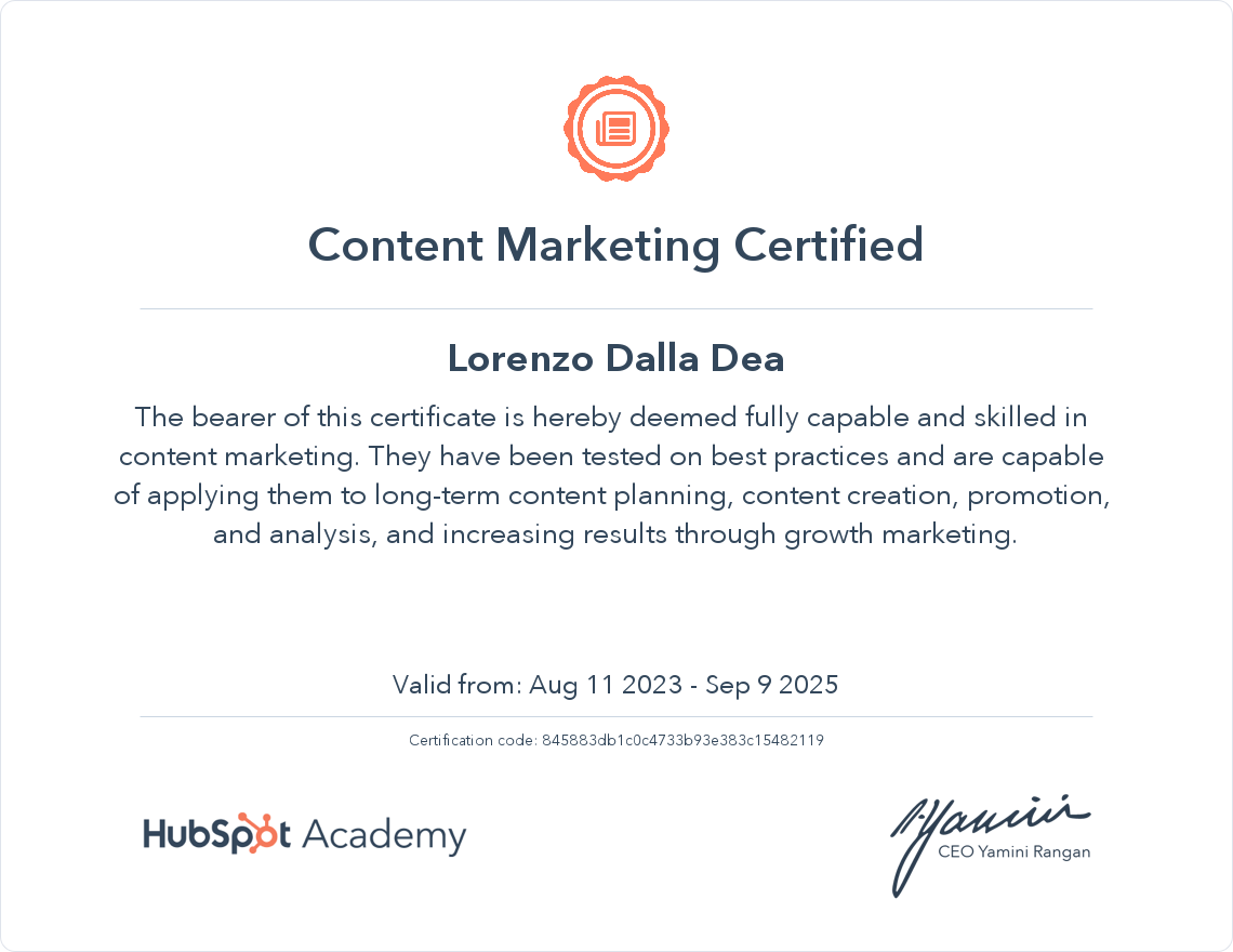 Lorenzo DD certificazione content hubspot