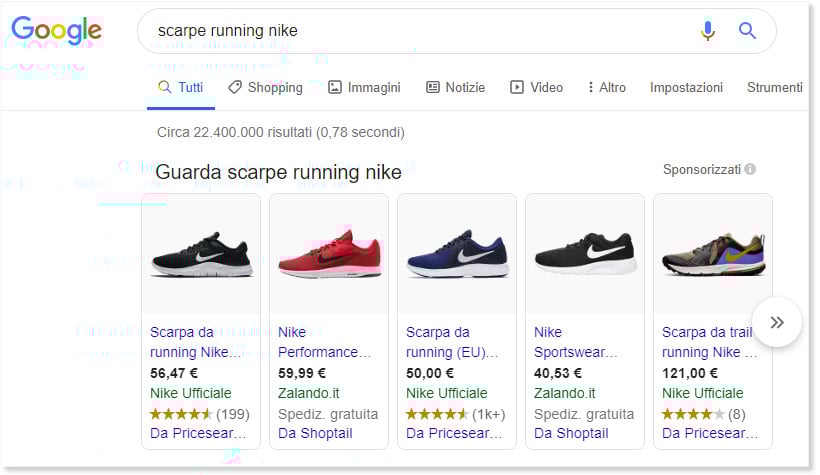 Ecommerce web italia esempio Google shopping