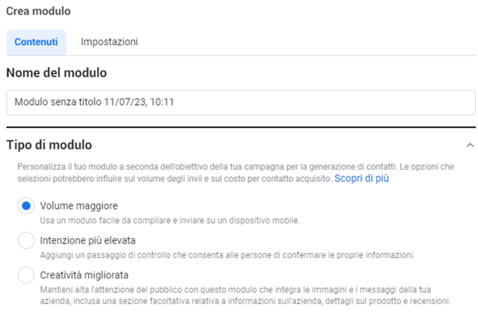 opzioni modulo generazione contatti facebook