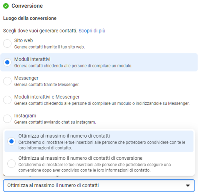 obiettivo generazione contatti facebook